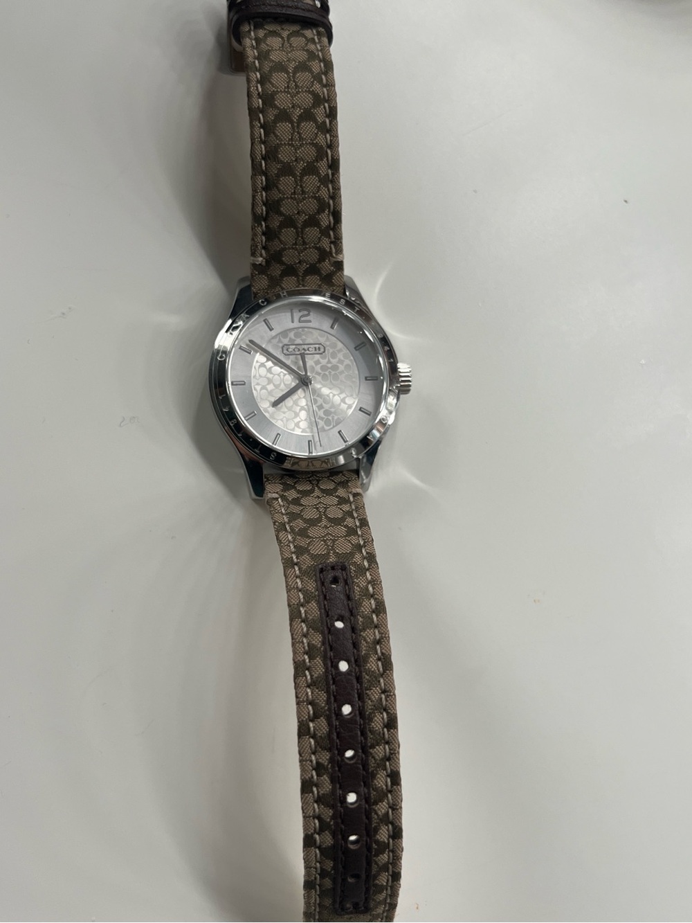Coach Silver-Tone Watch with Khaki Signature Canvas Strap - Picture 3 of 4